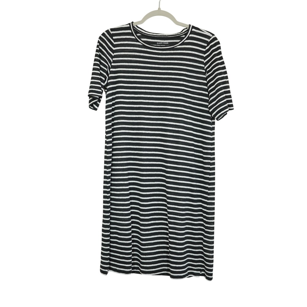 Eileen Fisher Size XS Black White Striped Linen Blend Short Sleeve T-Shirt Dress